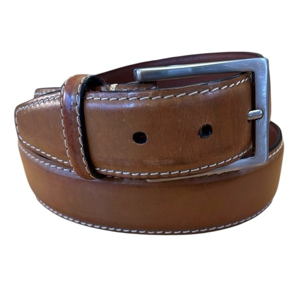 Peter Elliot Tan Leather Belt 34” Silver-Tone Brass Buckle Contrast Stitch Italy - Picture 16 of 16